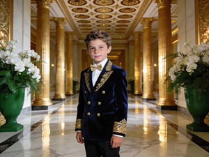 Costume de fête pour garçons en velours marron à double boutonnage avec broderie dorée, tenue de cérémonie pour enfants - Product Image 4