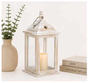 Farol de Madera Blanca Lavada, Estilo Vintage, para Decoración del Hogar y Jardín, con Paneles de Vidrio, Portavelas Decorativo - Product Image 3