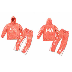 Ensemble de survêtement à capuche délavé à l'acide corail avec étoiles blanches et pantalon long à cordon de serrage 350 g/m² 100 % coton Streetwear - Product Image 3
