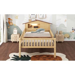 Letto a piattaforma in legno per bambini, misura Twin, con testiera a LED a forma di casetta e contenitore integrato, colore naturale - Product Image 5