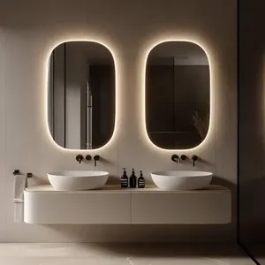 Miroir de salle de bain mural en verre asymétrique contemporain avec éclairage LED et commande tactile rétroéclairée pour salles de bain de luxe - Product Image 4