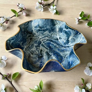 Handmade Wood <b>Bowl</b> <b>Blue</b> Marble Pattern Gold Rim Modern Design Durable Non-Toxic Food Serving Dish Gifting Decorative - Product Image 1