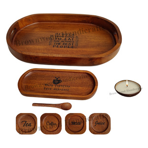 Plateau de service en bois de manguier de luxe avec poignées 4 sous-verres et plateau fini lisse résistant à l'eau pour les repas - Product Image 6