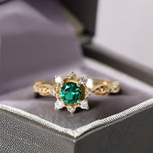 Round-Shaped Lab Grown Emerald Ring Handcrafted in 10K Solid Gold Vintage Emerald Wedding Ring Customized Metal Tone/Purity - Product Image 1