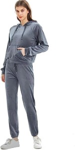 Women's Gray <b>Velour</b> <b>Tracksuit</b> Hooded Full Sleeve Casual Pants Set Autumn Breathable Solid Color Loose Fit Drawstring Closure - Product Image 5
