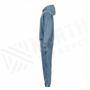 Elegant Sports <b>Distressed</b> Embroidery Tracksuit For Men Acid Wash Screen Printed Sweatsuit Hoodie Pant Set Winter Logo - Product Image 3