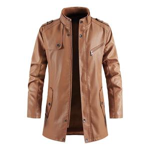 Chaqueta de Cuero PU para Hombre, Estilo Motociclista, con Botones y Cremallera, Color Sólido, Largo Medio - Product Image 1