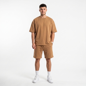 Ensemble décontracté deux pièces tricoté respirant pour homme, col rond, t-shirt et short, en polyester/coton, avec logo personnalisé, idéal pour la gym estivale - Product Image 1