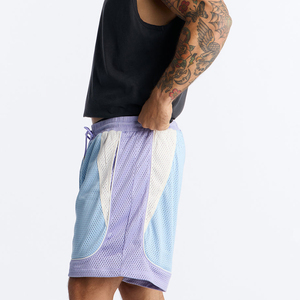 Pantalones cortos deportivos de malla azul claro para hombre, con ribete morado y tira lateral, cintura con cordón, transpirables, informales, para verano - Product Image 3