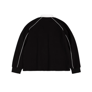 Polo de Manga Larga Negro para Hombre, Color Sólido, Tejido de Punto, Diseño Casual con Solapa, Costuras en Contraste - Product Image 3