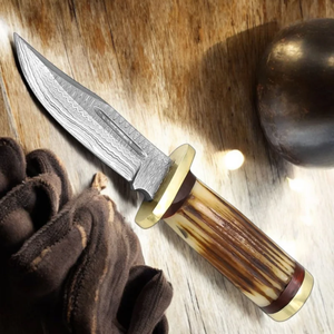 Damascus Steel Outdoor Hunting Knife With Long Cutting Blade Decorative Antler Handle Protective Finger <b>Guard</b> And Leather - Product Image 4