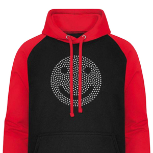 Sudadera con capucha de dos tonos con mangas raglán, cara sonriente de diamantes de imitación, cremallera completa, estilo urbano, unisex - Product Image 3