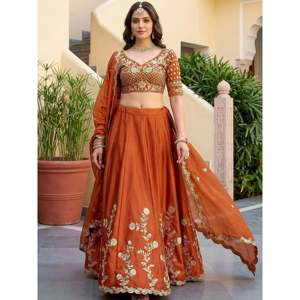 Plus Size Embroidered Silk Lehenga Choli for <b>Bride</b> with Bow and Feathers Pattern - Product Image 5