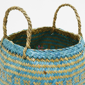 Paniers de rangement en feuilles de palmier naturelles bleues avec poignées, style art populaire, forme de bol multi-usages - Product Image 3
