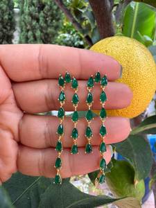 Women's 925 Sterling <b>Silver</b> Emerald Drop <b>Earrings</b> Pear Cut Claw Setting 18K Gold Plated Classic Wedding Jewelry - Product Image 2
