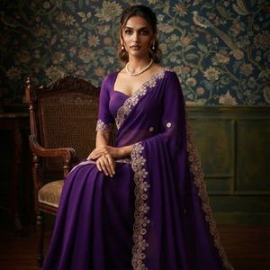 Sari en mousseline de soie douce de qualité supérieure avec broderies et bordure en dentelle, accompagné d'un chemisier de créateur, prix de gros par Royal Export - Product Image 1