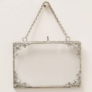 Handmade Stainless Steel Rectangular Hanging Photo <b>Frame</b> With Ornate Corners And Chain For Wall Display - Product Image 1