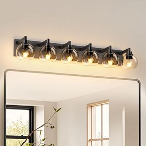Lampada da Bagno Stile Rustico a 6 Luci, Applique da Parete con Specchio in Vetro per Vanità - Product Image 1