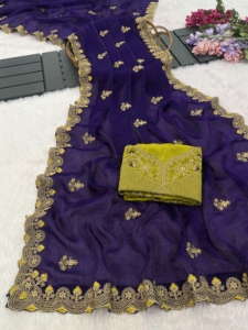 <b>Purple</b> Chiffon <b>Saree</b> with Gold Embroidery Traditional Indian Wedding Wear Women's Floor Length Sari - Product Image 6