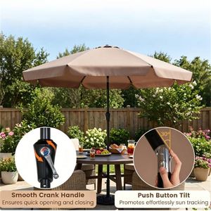 Ombrellone da Patio Marrone da 3m con Pulsante di Inclinazione e Manovella, Aste Ventilate in Fibra di Vetro, Materiale in Poliestere - Product Image 4