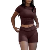 Ensemble sportif 2 pièces pour femme, haut court à manches courtes et short, couleur unie, respirant, tricoté