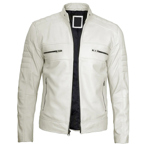 URBANGAZER Men's White Polyester Moto <b>Jacket</b> Stand Collar Covered Button <b>Slim</b> <b>Fit</b> Regular Sleeve Solid Color Windproof <b>Jacket</b> - Product Image 1