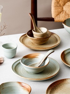 Natural yellowish clay coloured unique threaded line pattern multiple styles from Kiln transformation BPA-free <b>dinnerware</b> <b>set</b> - Product Image 2