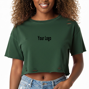 2026 <b>Top</b> selling Women's Green Crop <b>Top</b> O-Neck Short Sleeve Loose Fit Knitted Solid Color Casual T-Shirt With <b>Distressed</b> Holes - Product Image 1