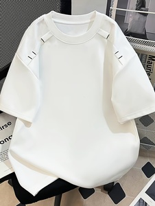 T-shirt blanc surdimensionné pour homme, 100% coton jersey 220g, manches courtes, col rond, respirant, streetwear décontracté, couleur unie, tricoté - Product Image 5