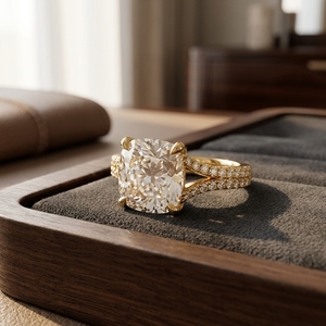 10k 14k 18k Yellow Gold <b>Cushion</b> Cut Lab Grown Diamond Criss Cross Split Shank Pave Set Accent Diamond Band Halo Engagement <b>Ring</b> - Product Image 2