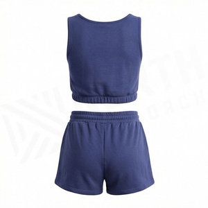 Women's 2 Piece Sports <b>Set</b> Sleeveless Crop Top and Above Knee Shorts Solid Blue <b>Knitted</b> Breathable Sporty Style Spring Summer - Product Image 2