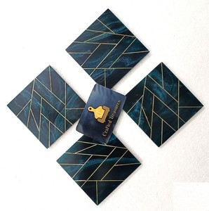 Hot Selling Resin Wood Tea Coasters Square Shape Non-Slip Mats & Pads Dark Blue with Brass <b>Wire</b> Inlay Design Drinkware Coaster - Product Image 1