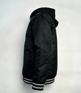 Blouson bomber à capuche noir pour homme, couleur unie, matière polyester, fermeture à boutons, vêtement décontracté pour l'automne, coupe classique - Product Image 3