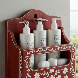 Organizador de almacenamiento rojo para montar en la pared del baño – Elegante estante de madera para baño y tocador - Product Image 4