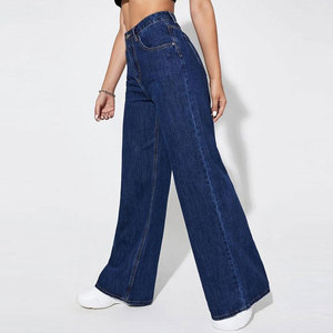 Jeans de mezclilla azul oscuro de cintura alta y pierna ancha para mujer, pantalones casuales de algodón de ajuste holgado de longitud completa con cierre de botones y patrón liso. - Product Image 2