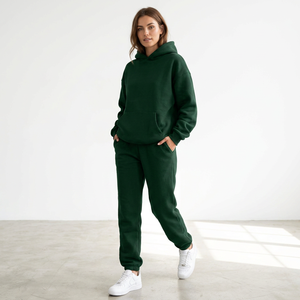 Ensemble de survêtement pour homme vert foncé à capuche, coupe ample, couleur unie, en coton, sweat-shirt et pantalon décontractés avec poches latérales - Product Image 6