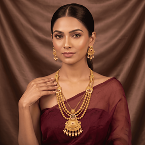 Parure de collier longue traditionnelle plaqué or avec rubis, finition mate, bijoux de mariage artificiels pour femme avec boucles d'oreilles - Product Image 2