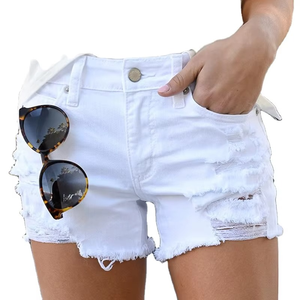 Nuevos shorts de mezclilla blancos para mujer, shorts de mezclilla de cintura alta, shorts de mezclilla deshilachados con dobladillo sin rematar, shorts de mezclilla rasgados - Product Image 1