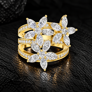 แหวนเพชรทรงมาร์คีส์เพาะเลี้ยงในห้องปฏิบัติการ ทองคำแท้ 14K ประดับเพชรแบบสามแถว ดีไซน์ดอกไม้ แหวนแต่งงานสำหรับเจ้าสาว DEF VVS เครื่องประดับชั้นดี รับผลิตแบบ OEM - Product Image 1