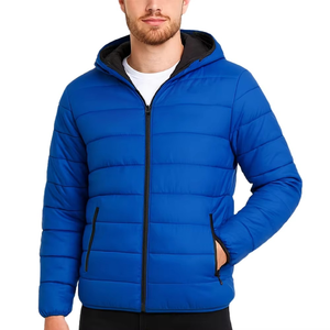 Latest Design <b>Men</b> <b>Blue</b> Hooded Puffer Jacket Windproof Winter Casual Zipper Front Solid Color Lightweight Insulated Outerwear - Product Image 1