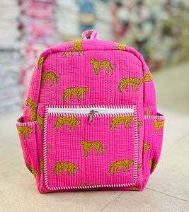 Pink <b>Quilted</b> Toiletry Backpack Leopard Print Zipper Travel Bag Cotton Fabric Softback for School and Travel - Product Image 3