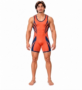 Débardeur de compression sans manches pour homme, orange et bleu, col rond, en spandex et polyester, vêtement de sport respirant et sans couture, imprimé, toutes saisons - Product Image 1