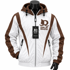 Veste coupe-vent à capuche pour homme OARHLINT INDUSTRY, couleur blanc et marron, fermeture éclair sur le devant, coupe-vent décontracté pour l'hiver - Product Image 1