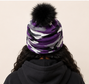 New Customize Logo Jacquard Purple <b>Camo</b> Pom Beanie Camouflage Winter Hat Furry Pom Pom <b>Camo</b> <b>Cap</b> Cuff Logo Winter Hat - Product Image 2