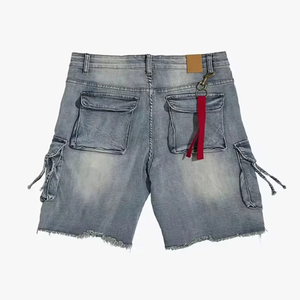 Shorts cargo en jean délavé pour homme, taille mi-haute, déchirés et usés, multi-poches, style décontracté d'été, tissu tissé - Product Image 2