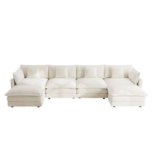 Divano Sezionale Modulare a U Grande Reversibile con Chaise Longue, Comodo Divano da Soggiorno in Ciniglia Bianca con Doppi Pouf Extra - Product Image 6