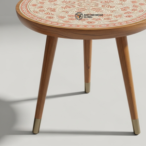 Handcrafted Meenakari Wooden <b>Stool</b> with Floral Mandala Art Traditional Indian Style <b>Round</b> Side Table Decorative Tripod Accent - Product Image 5
