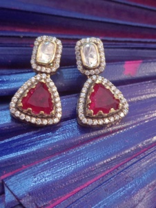Pendientes Clásicos Geométricos de Plata Chapada en Oro con Doble Zirconia Roja y Cristales de Estrás para Joyería de Boda para Mujer - Product Image 5