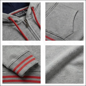 Sweat-shirt à capuche zippé gris pour homme, coupe classique, en coton French Terry, décontracté, pour l'automne, avec détails de bordure rouge - Product Image 4