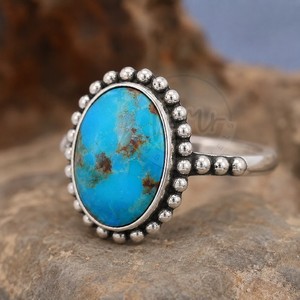 HMR GEMS JEWELS 925 Sterling Silver Natural <b>Turquoise</b> Beaded Border Handmade Oval <b>Turquoise</b> Cabochon Minimalist Christian <b>Ring</b> - Product Image 2